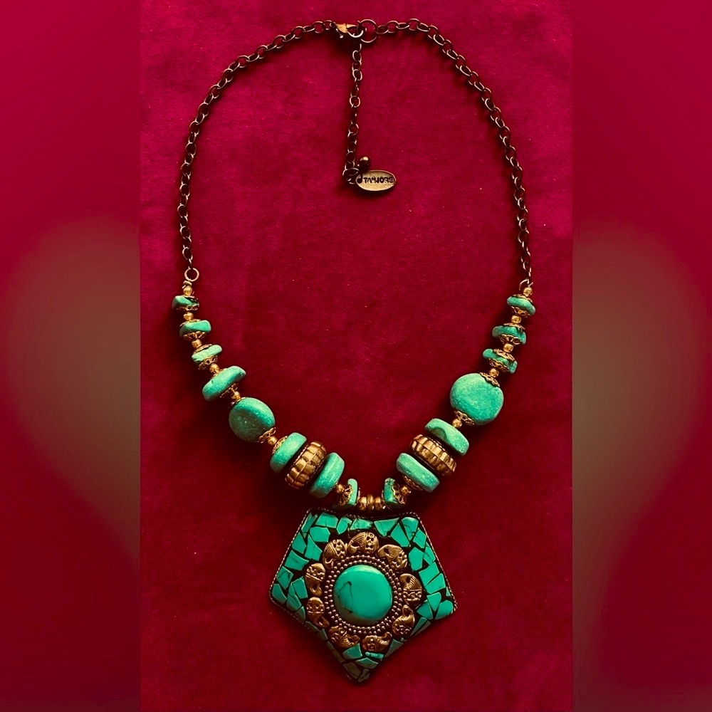 Tanjore turquoise and brass mosaic pendant necklace 10”
